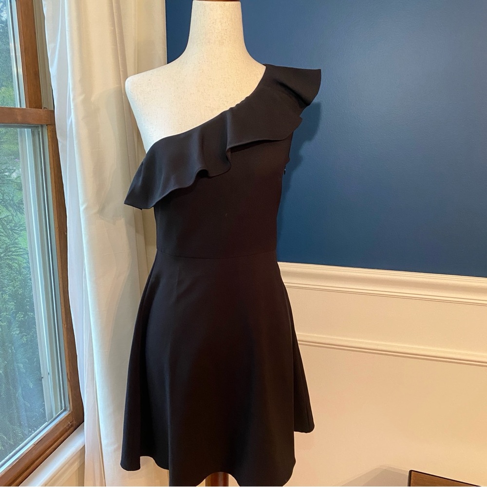 J Crew Black One Shoulder Midi A-line Dress with Ruffle Neckline, Size 0 Petite
